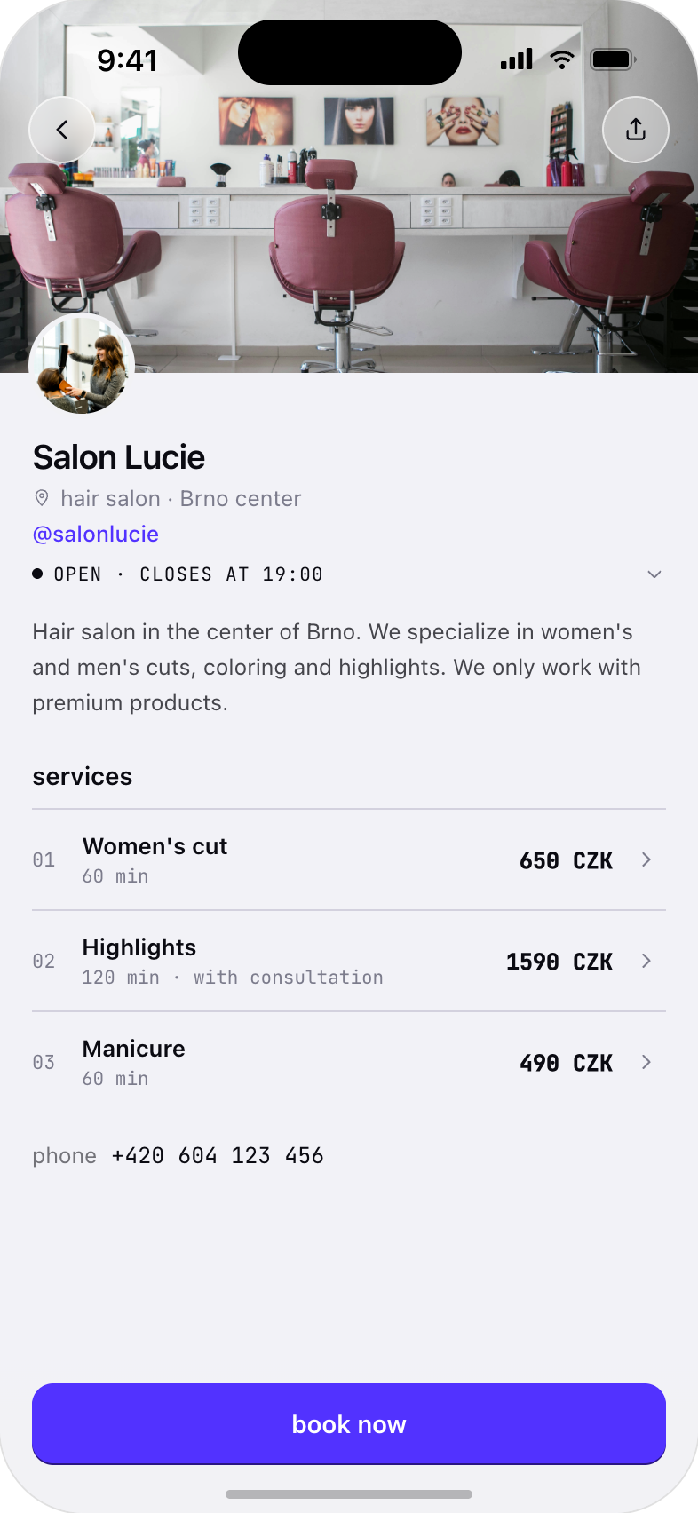 The salon profile as the client sees it in the treatuj app: Salon Lucie, hairdressing in Brno-střed, bio, a service list with prices, and a book button
