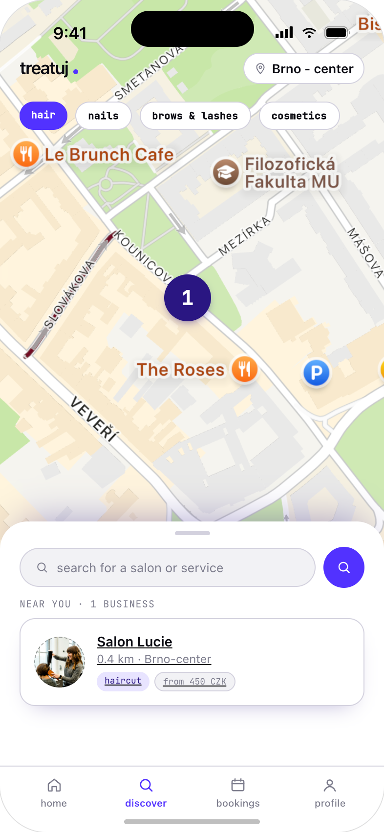 A client searches for a salon in the treatuj app: a map filtered by service, your salon's pin on the map, and a Salon Lucie card with prices from 450 CZK