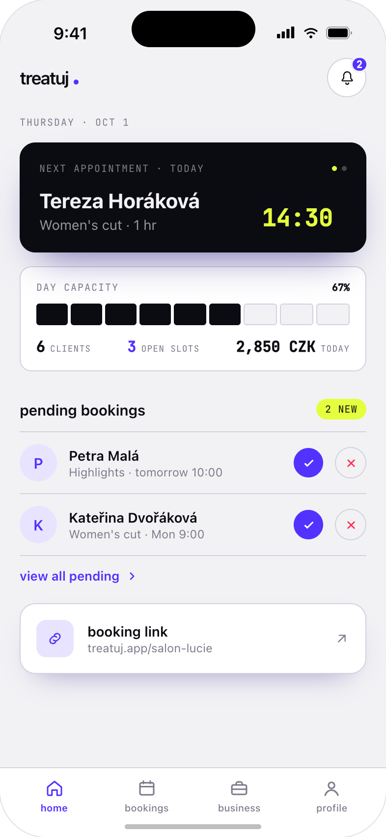 Provider home screen in the treatuj app: today's bookings, daily occupancy and pending requests